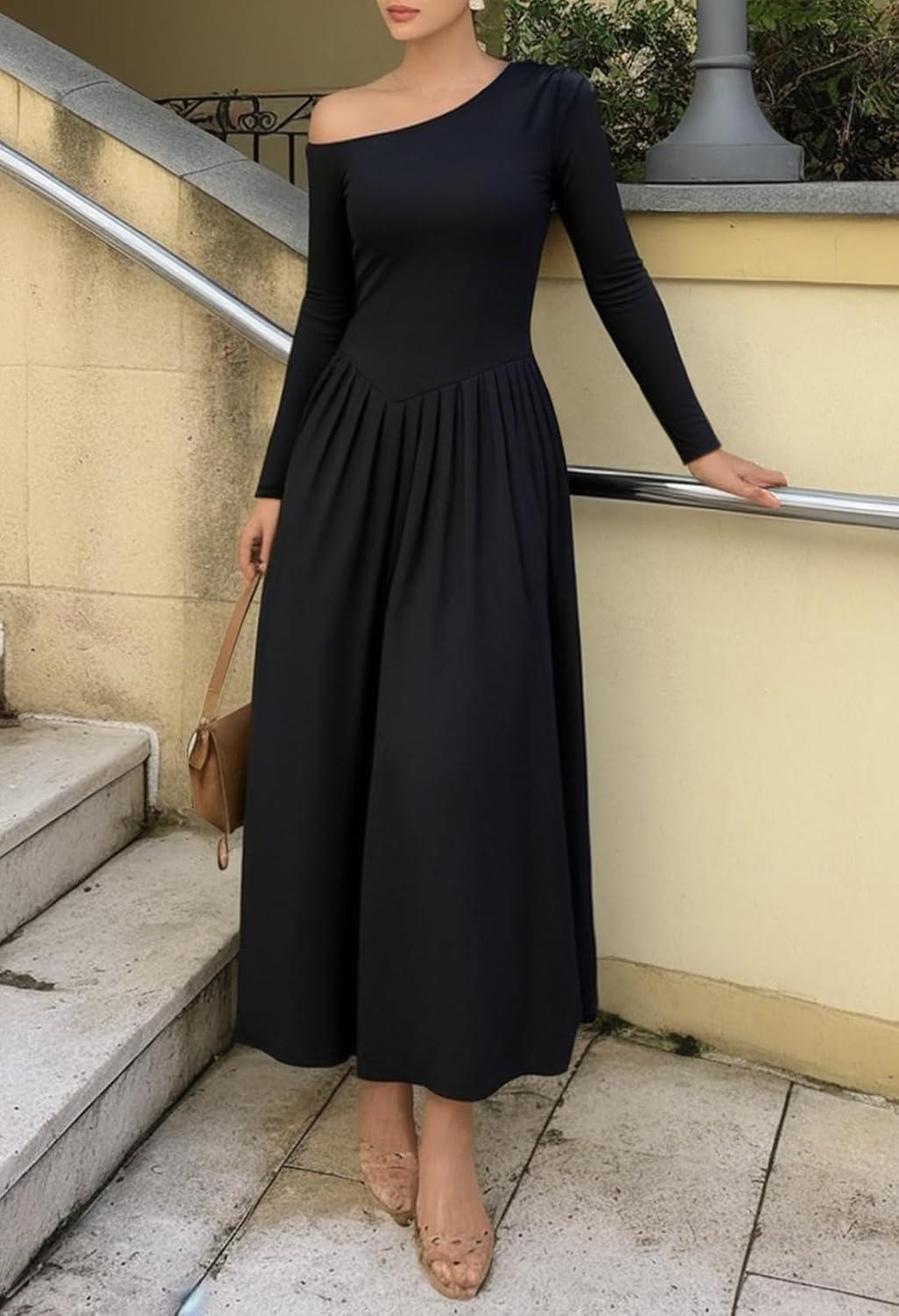 imageMEROKEETY Womens Fall Long Sleeve Wedding Guest Dresses 2025 One Shoulder Elegant Formal Pleated Midi Maxi DressBlack