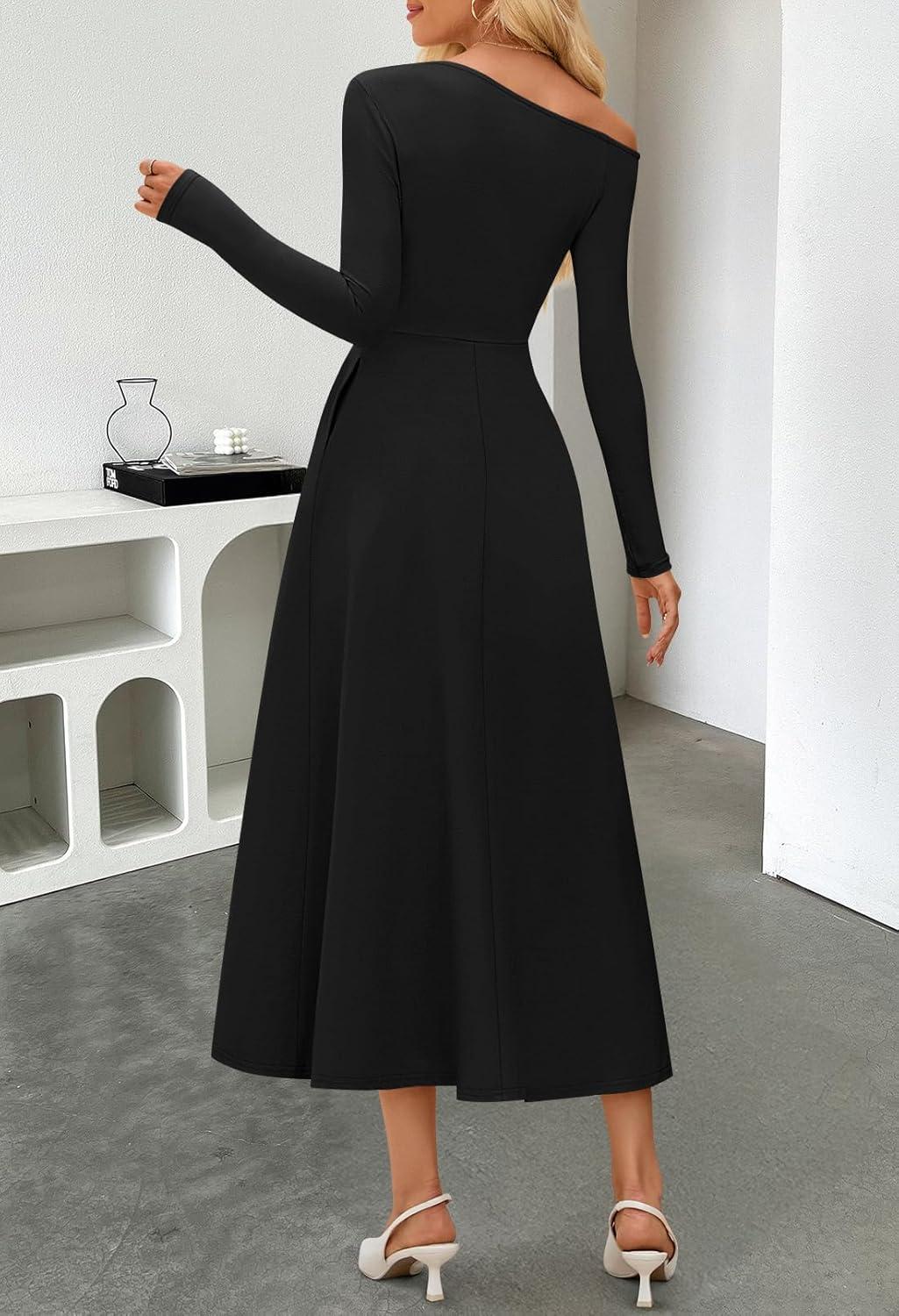 imageMEROKEETY Womens Fall Long Sleeve Wedding Guest Dresses 2025 One Shoulder Elegant Formal Pleated Midi Maxi DressBlack