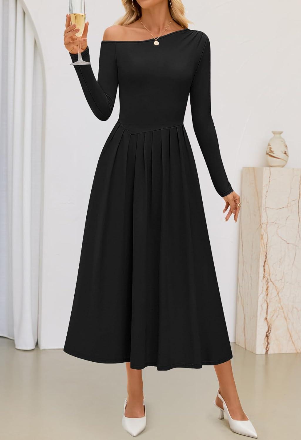 imageMEROKEETY Womens Fall Long Sleeve Wedding Guest Dresses 2025 One Shoulder Elegant Formal Pleated Midi Maxi DressBlack