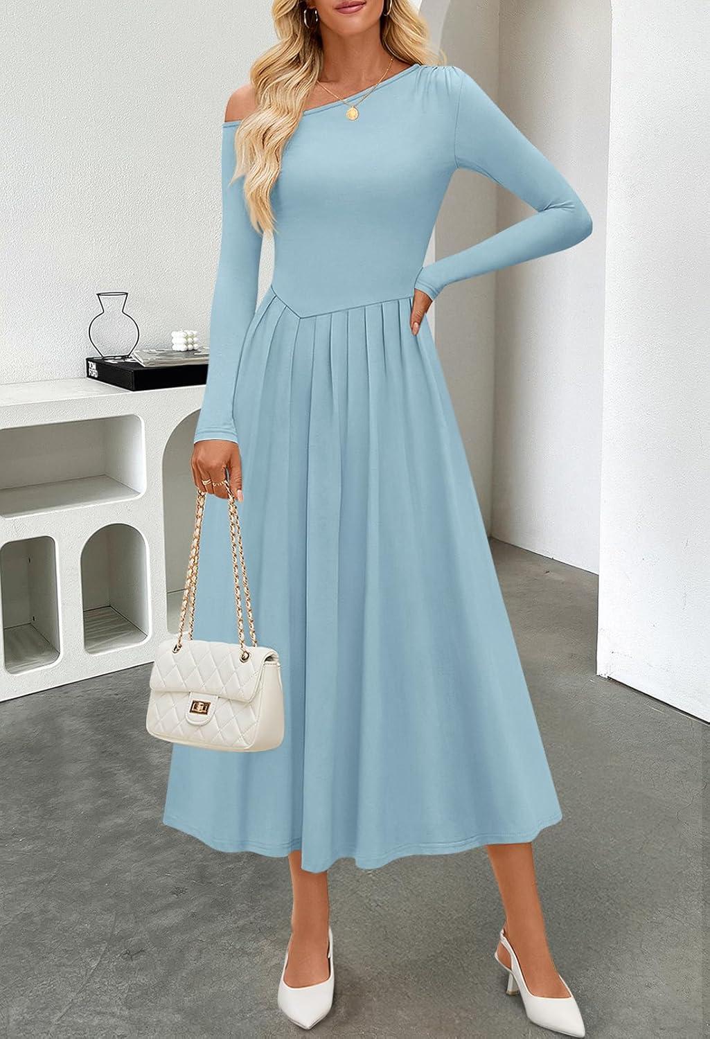 imageMEROKEETY Womens Fall Long Sleeve Wedding Guest Dresses 2025 One Shoulder Elegant Formal Pleated Midi Maxi DressBlue