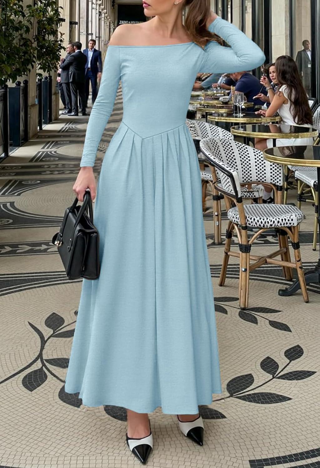 imageMEROKEETY Womens Fall Long Sleeve Wedding Guest Dresses 2025 One Shoulder Elegant Formal Pleated Midi Maxi DressBlue