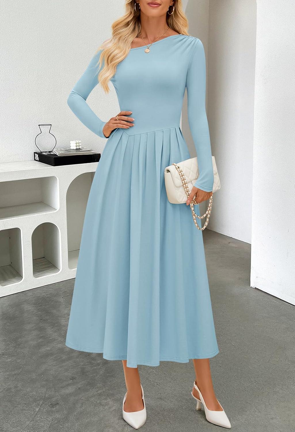 imageMEROKEETY Womens Fall Long Sleeve Wedding Guest Dresses 2025 One Shoulder Elegant Formal Pleated Midi Maxi DressBlue