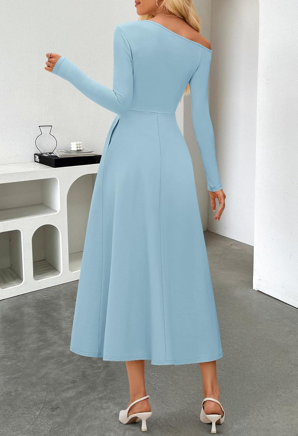 imageMEROKEETY Womens Fall Long Sleeve Wedding Guest Dresses 2025 One Shoulder Elegant Formal Pleated Midi Maxi DressBlue