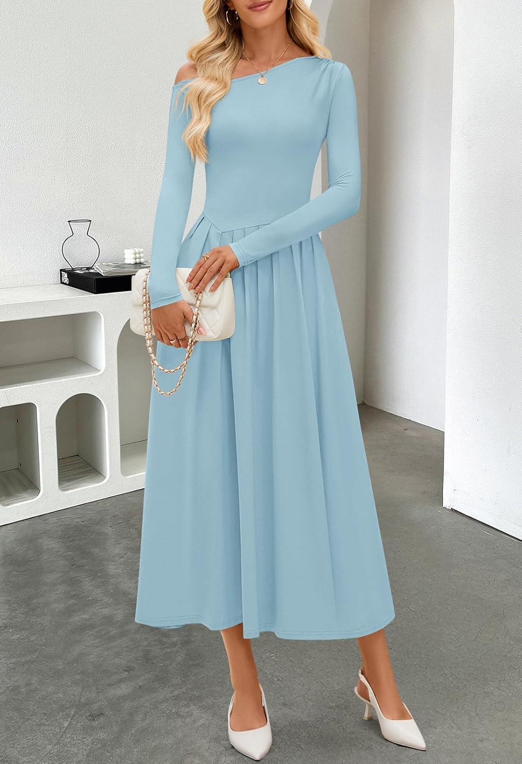 imageMEROKEETY Womens Fall Long Sleeve Wedding Guest Dresses 2025 One Shoulder Elegant Formal Pleated Midi Maxi DressBlue
