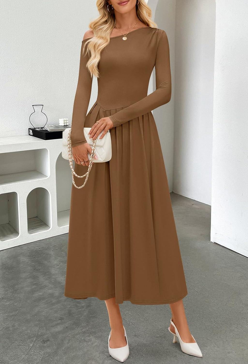 imageMEROKEETY Womens Fall Long Sleeve Wedding Guest Dresses 2025 One Shoulder Elegant Formal Pleated Midi Maxi DressBrown