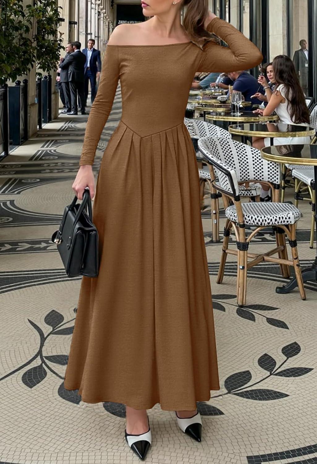imageMEROKEETY Womens Fall Long Sleeve Wedding Guest Dresses 2025 One Shoulder Elegant Formal Pleated Midi Maxi DressBrown