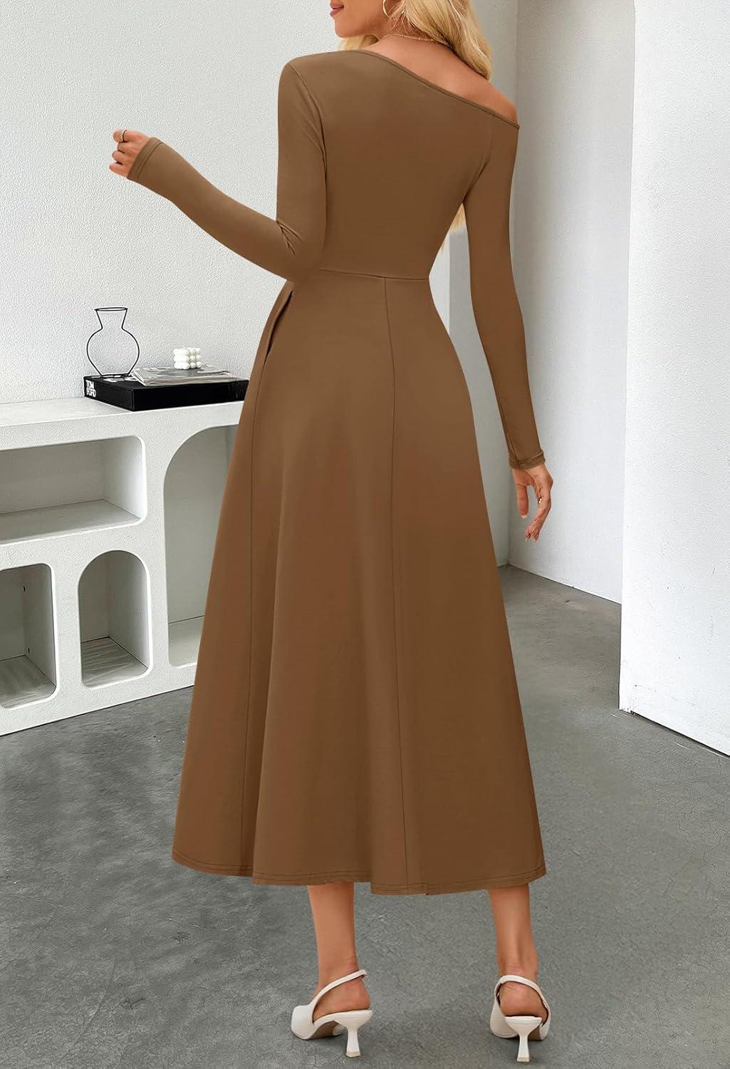 imageMEROKEETY Womens Fall Long Sleeve Wedding Guest Dresses 2025 One Shoulder Elegant Formal Pleated Midi Maxi DressBrown