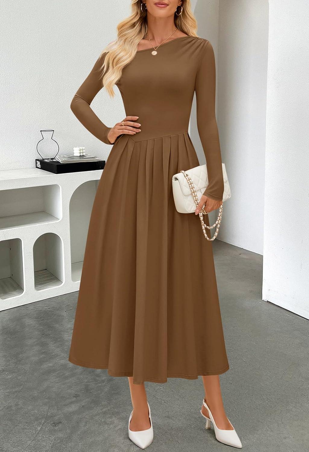 imageMEROKEETY Womens Fall Long Sleeve Wedding Guest Dresses 2025 One Shoulder Elegant Formal Pleated Midi Maxi DressBrown