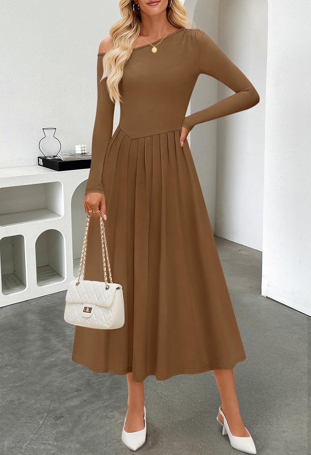 imageMEROKEETY Womens Fall Long Sleeve Wedding Guest Dresses 2025 One Shoulder Elegant Formal Pleated Midi Maxi DressBrown