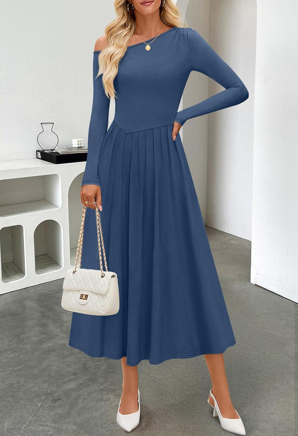 imageMEROKEETY Womens Fall Long Sleeve Wedding Guest Dresses 2025 One Shoulder Elegant Formal Pleated Midi Maxi DressNavy