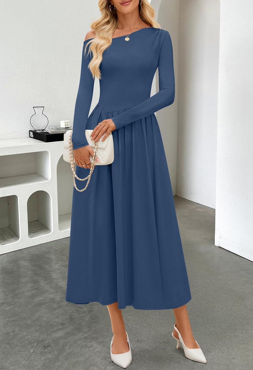 imageMEROKEETY Womens Fall Long Sleeve Wedding Guest Dresses 2025 One Shoulder Elegant Formal Pleated Midi Maxi DressNavy