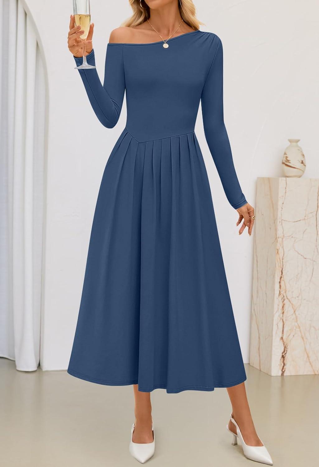 imageMEROKEETY Womens Fall Long Sleeve Wedding Guest Dresses 2025 One Shoulder Elegant Formal Pleated Midi Maxi DressNavy