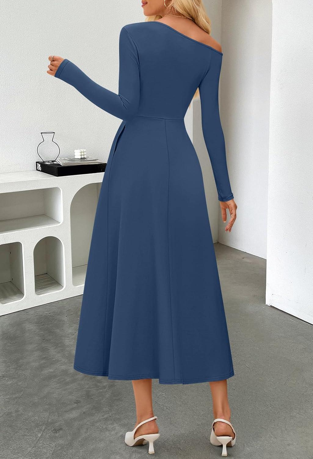 imageMEROKEETY Womens Fall Long Sleeve Wedding Guest Dresses 2025 One Shoulder Elegant Formal Pleated Midi Maxi DressNavy