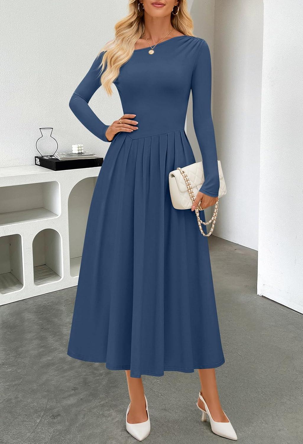 imageMEROKEETY Womens Fall Long Sleeve Wedding Guest Dresses 2025 One Shoulder Elegant Formal Pleated Midi Maxi DressNavy