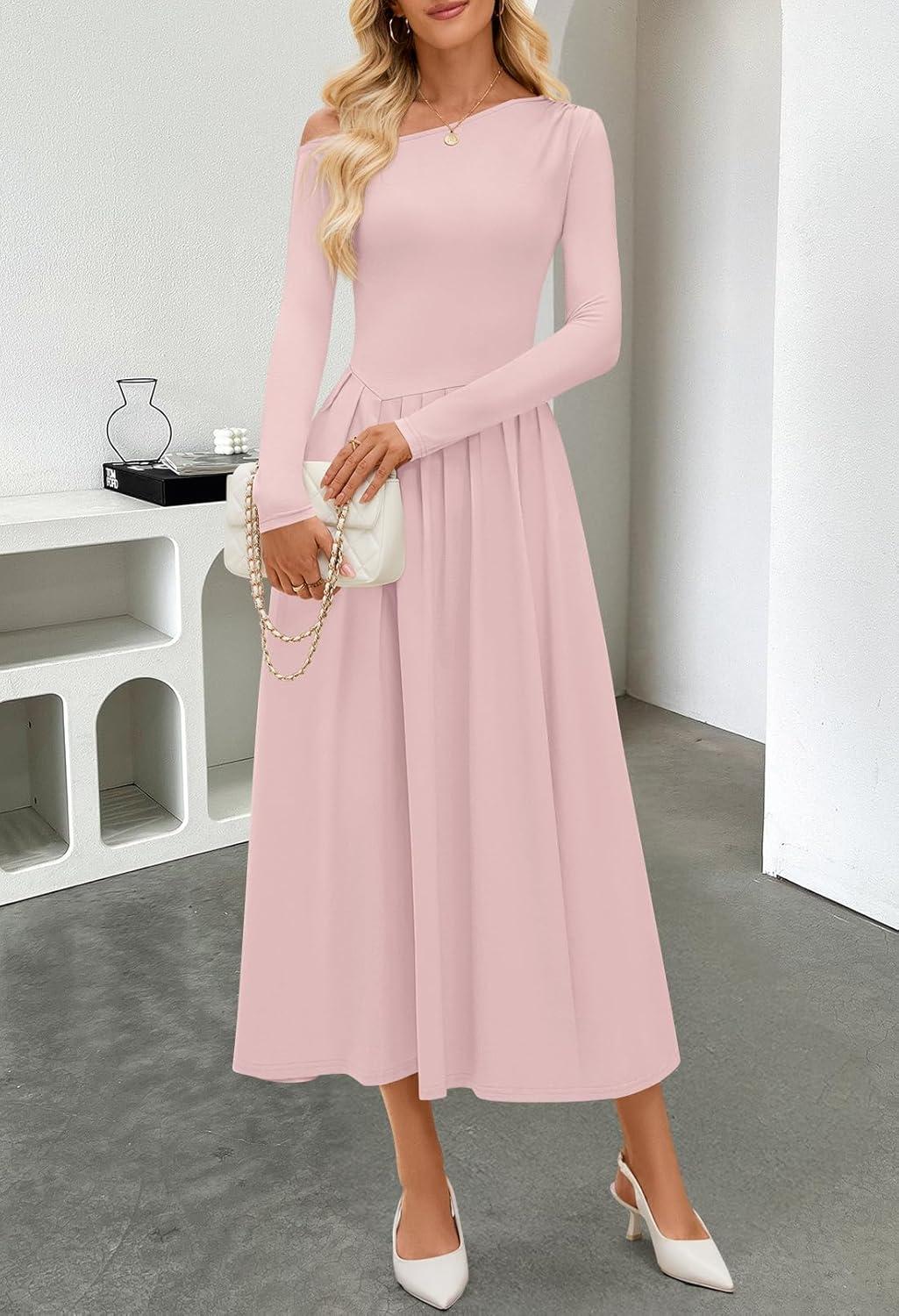 imageMEROKEETY Womens Fall Long Sleeve Wedding Guest Dresses 2025 One Shoulder Elegant Formal Pleated Midi Maxi DressPink