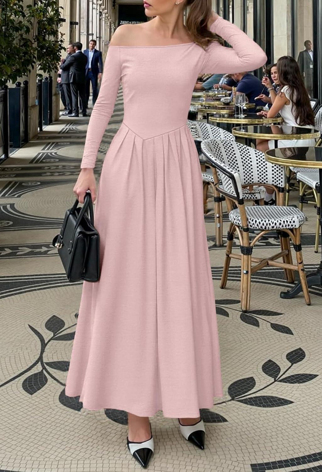 imageMEROKEETY Womens Fall Long Sleeve Wedding Guest Dresses 2025 One Shoulder Elegant Formal Pleated Midi Maxi DressPink