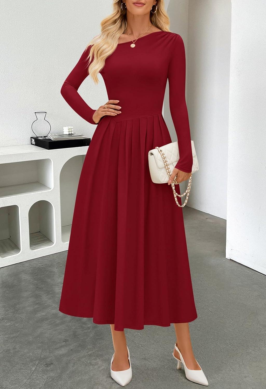 imageMEROKEETY Womens Fall Long Sleeve Wedding Guest Dresses 2025 One Shoulder Elegant Formal Pleated Midi Maxi DressWinered