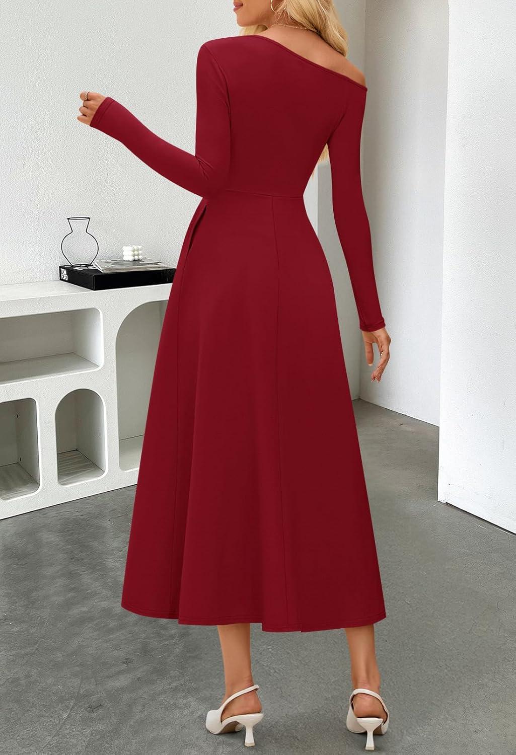 imageMEROKEETY Womens Fall Long Sleeve Wedding Guest Dresses 2025 One Shoulder Elegant Formal Pleated Midi Maxi DressWinered