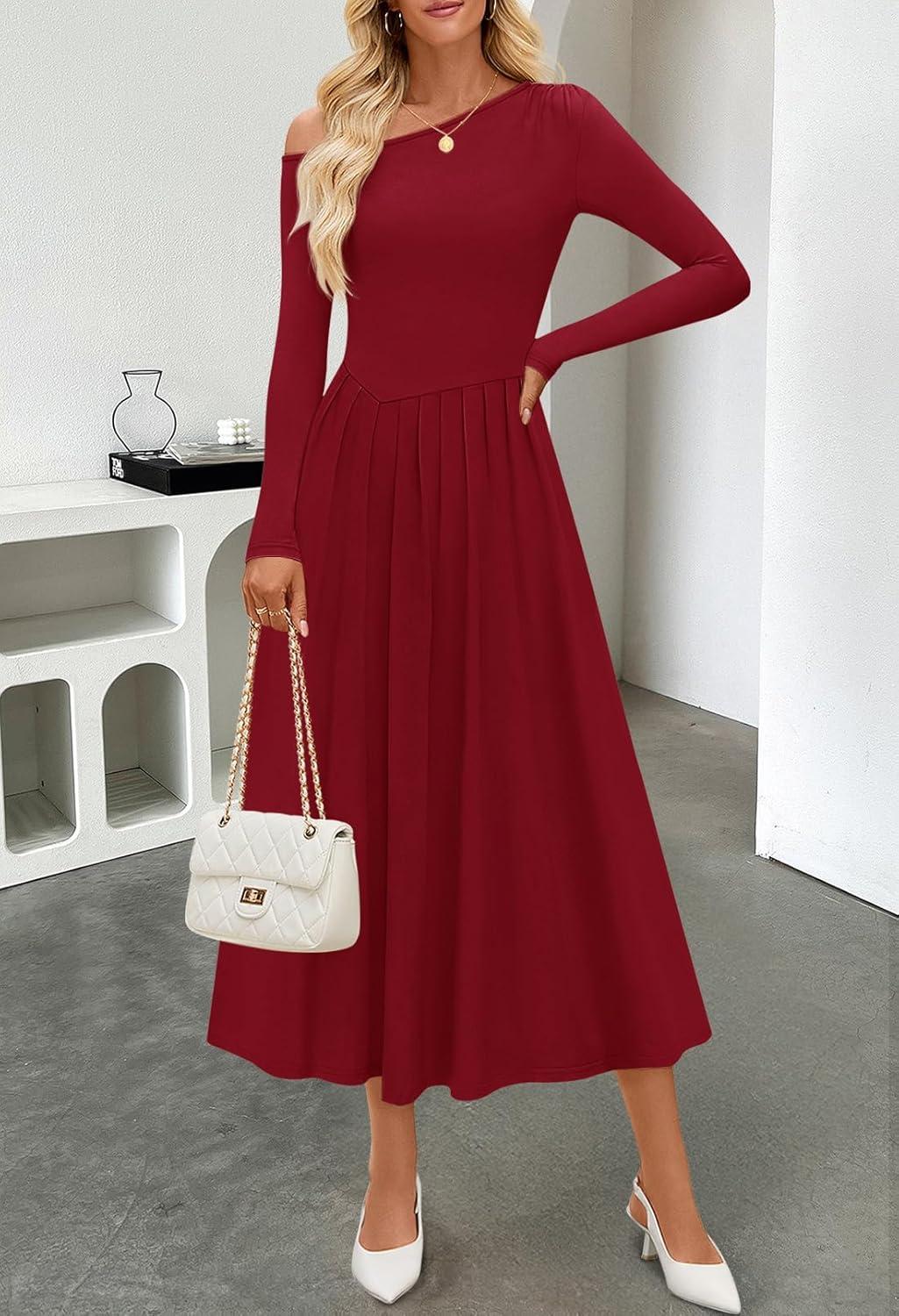 imageMEROKEETY Womens Fall Long Sleeve Wedding Guest Dresses 2025 One Shoulder Elegant Formal Pleated Midi Maxi DressWinered