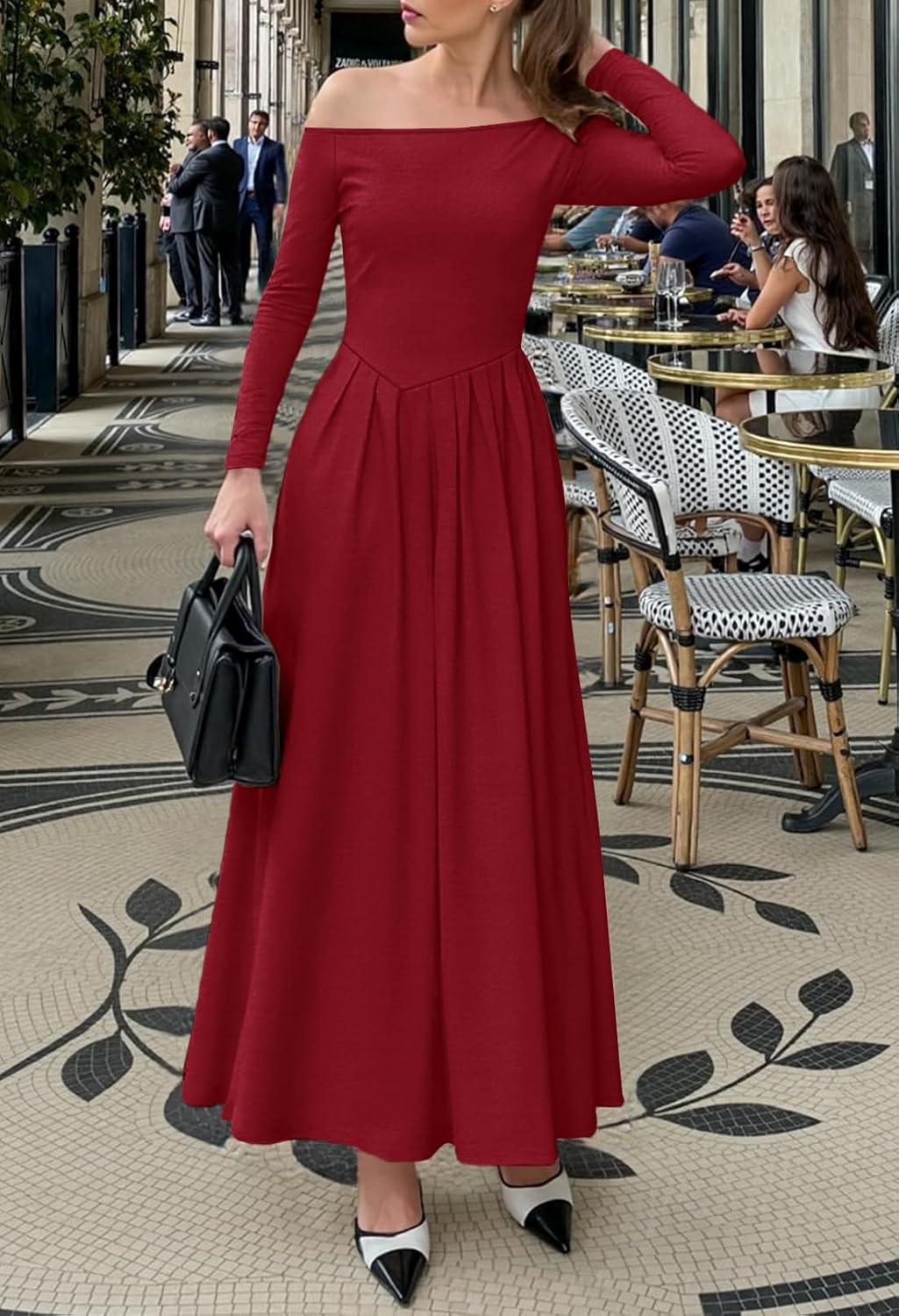 imageMEROKEETY Womens Fall Long Sleeve Wedding Guest Dresses 2025 One Shoulder Elegant Formal Pleated Midi Maxi DressWinered