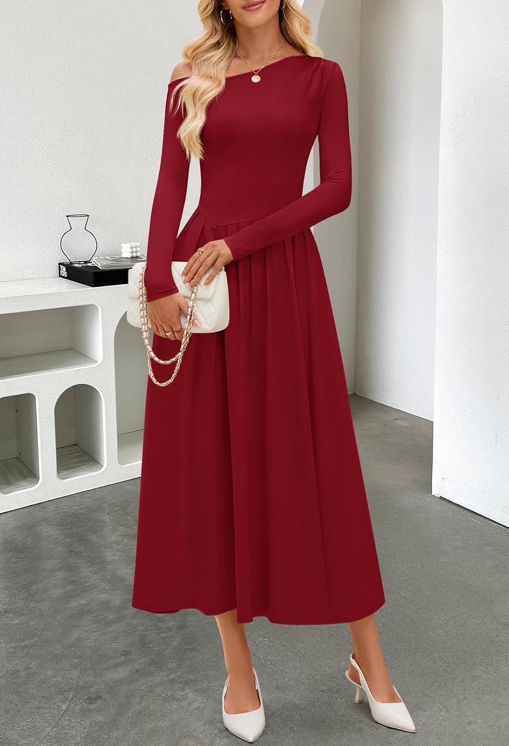 imageMEROKEETY Womens Fall Long Sleeve Wedding Guest Dresses 2025 One Shoulder Elegant Formal Pleated Midi Maxi DressWinered