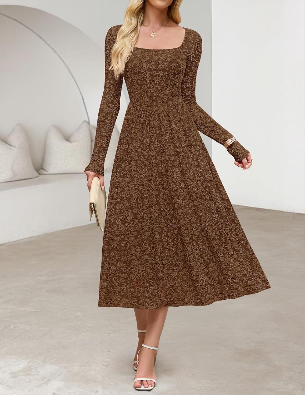 imageMEROKEETY Womens Floral 2025 Fall Midi Dresses Long Sleeve Square Neck Flowy A Line Wedding Ruched Dress PocketsBrown