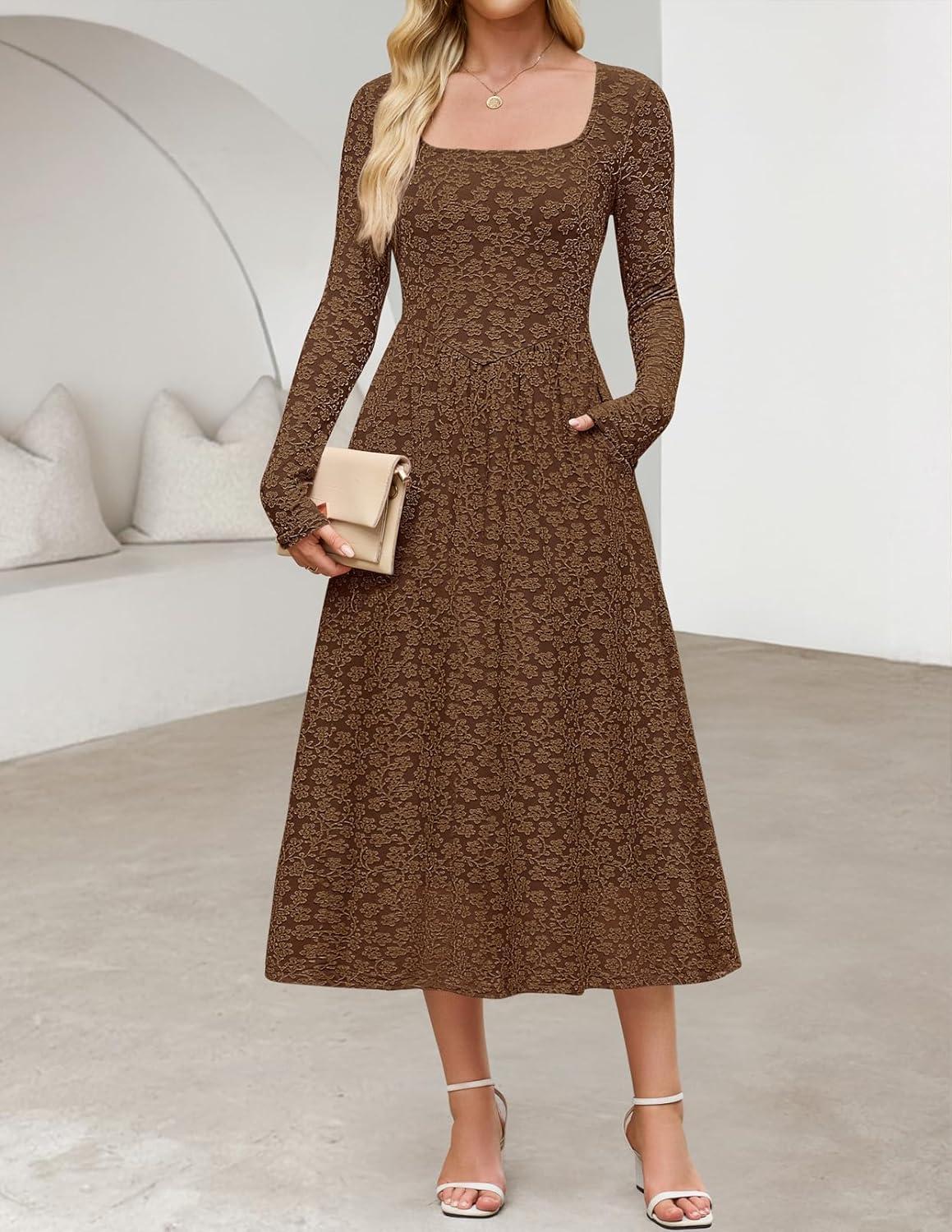 imageMEROKEETY Womens Floral 2025 Fall Midi Dresses Long Sleeve Square Neck Flowy A Line Wedding Ruched Dress PocketsBrown
