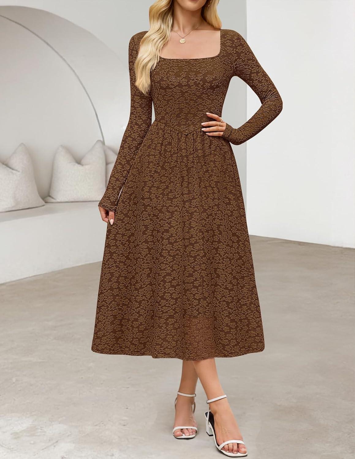 imageMEROKEETY Womens Floral 2025 Fall Midi Dresses Long Sleeve Square Neck Flowy A Line Wedding Ruched Dress PocketsBrown