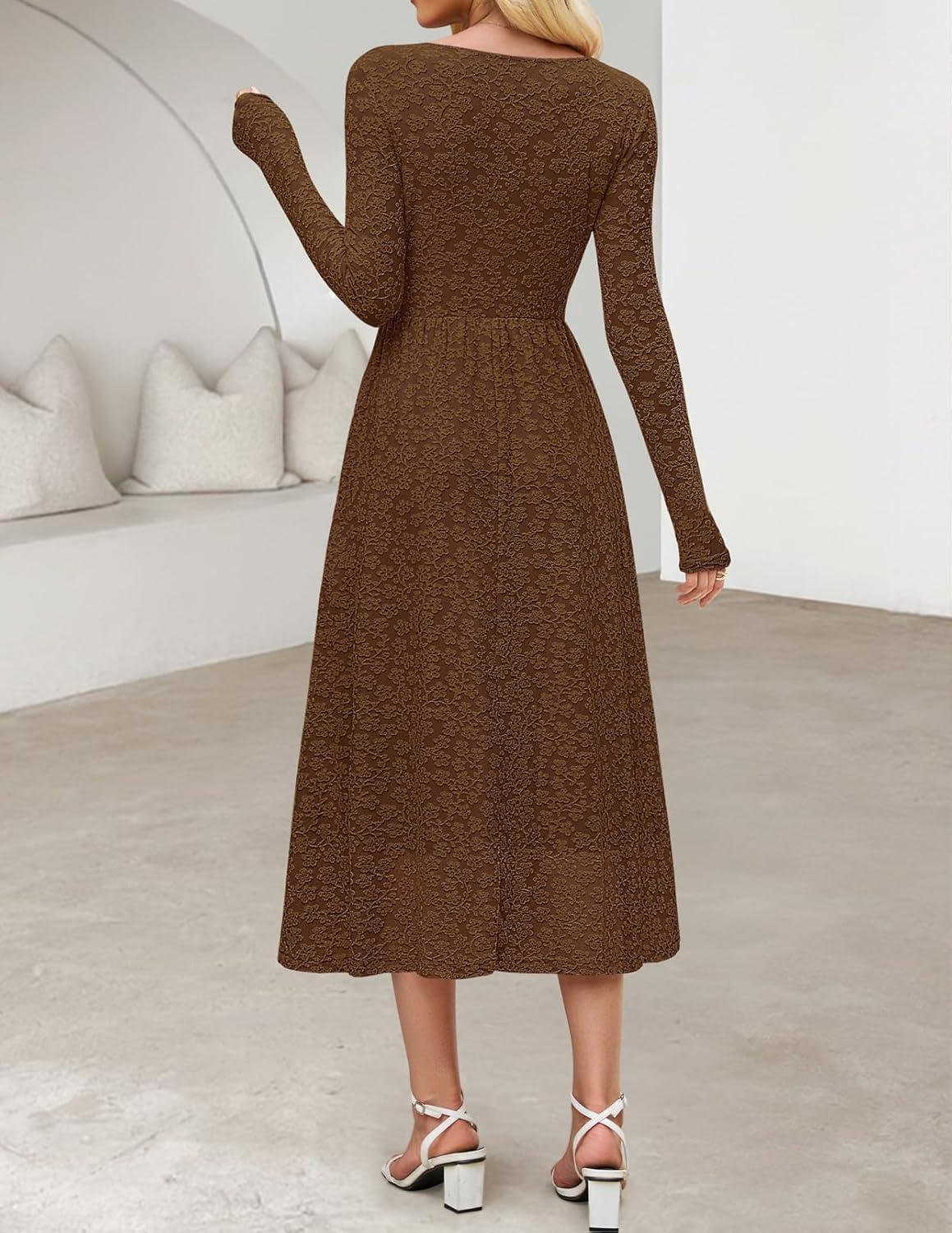 imageMEROKEETY Womens Floral 2025 Fall Midi Dresses Long Sleeve Square Neck Flowy A Line Wedding Ruched Dress PocketsBrown
