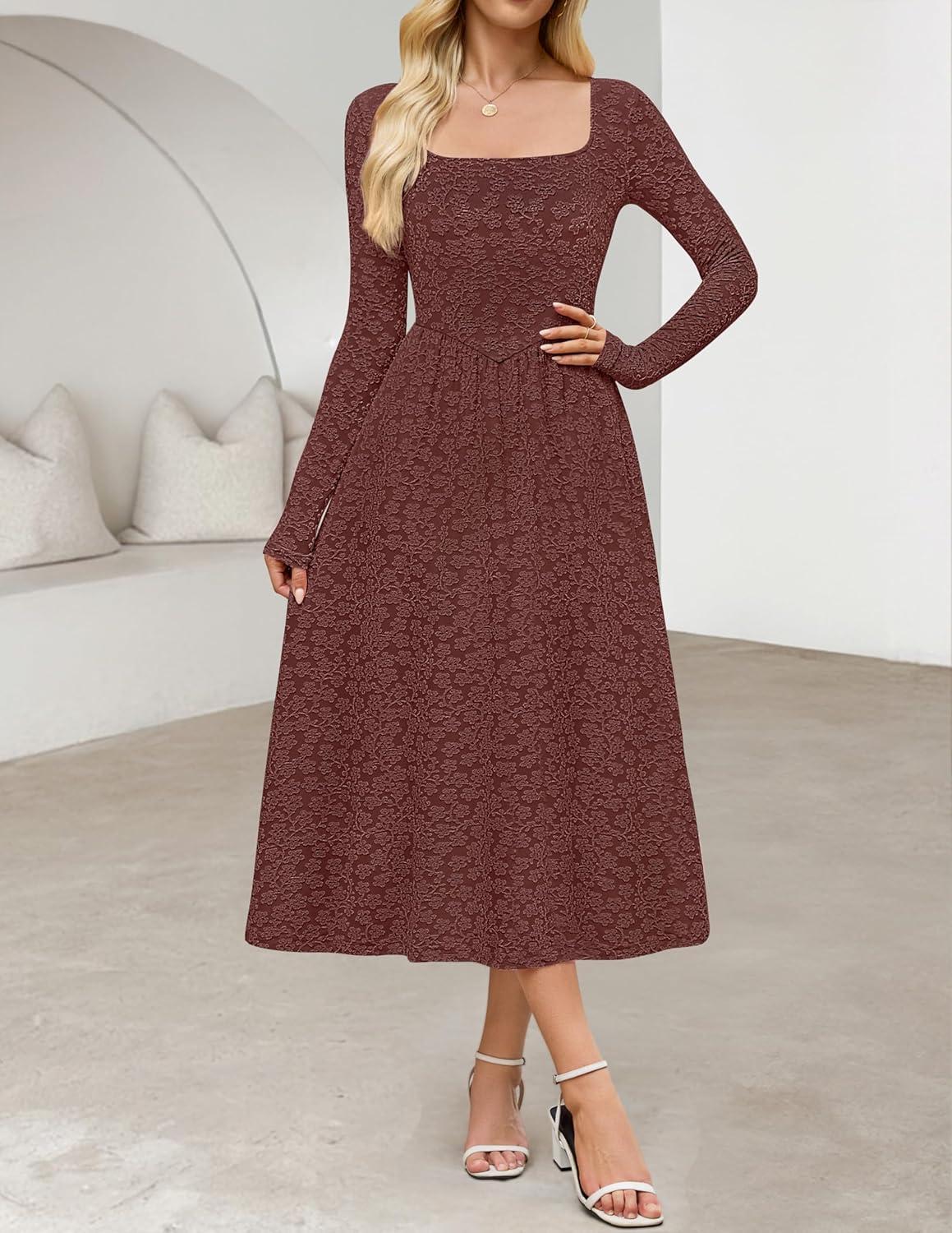 imageMEROKEETY Womens Floral 2025 Fall Midi Dresses Long Sleeve Square Neck Flowy A Line Wedding Ruched Dress PocketsMaroon