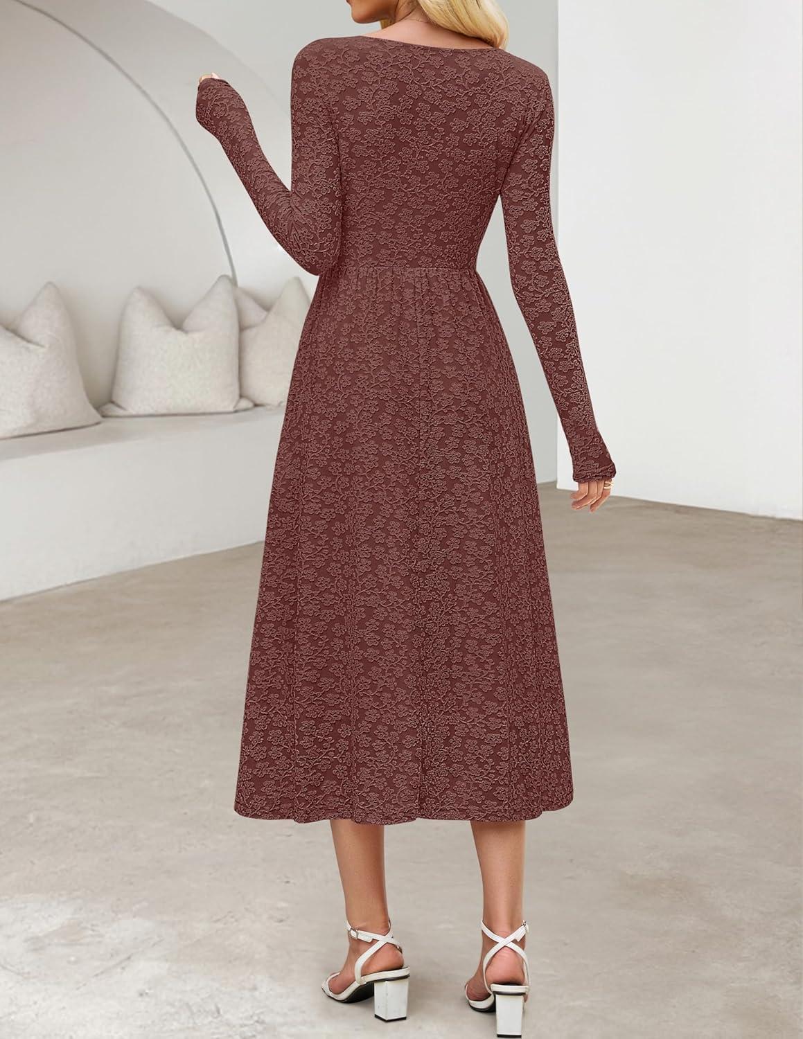 imageMEROKEETY Womens Floral 2025 Fall Midi Dresses Long Sleeve Square Neck Flowy A Line Wedding Ruched Dress PocketsMaroon