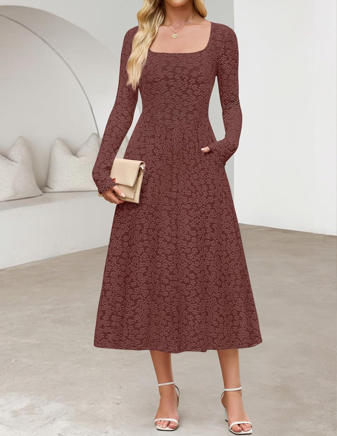 imageMEROKEETY Womens Floral 2025 Fall Midi Dresses Long Sleeve Square Neck Flowy A Line Wedding Ruched Dress PocketsMaroon