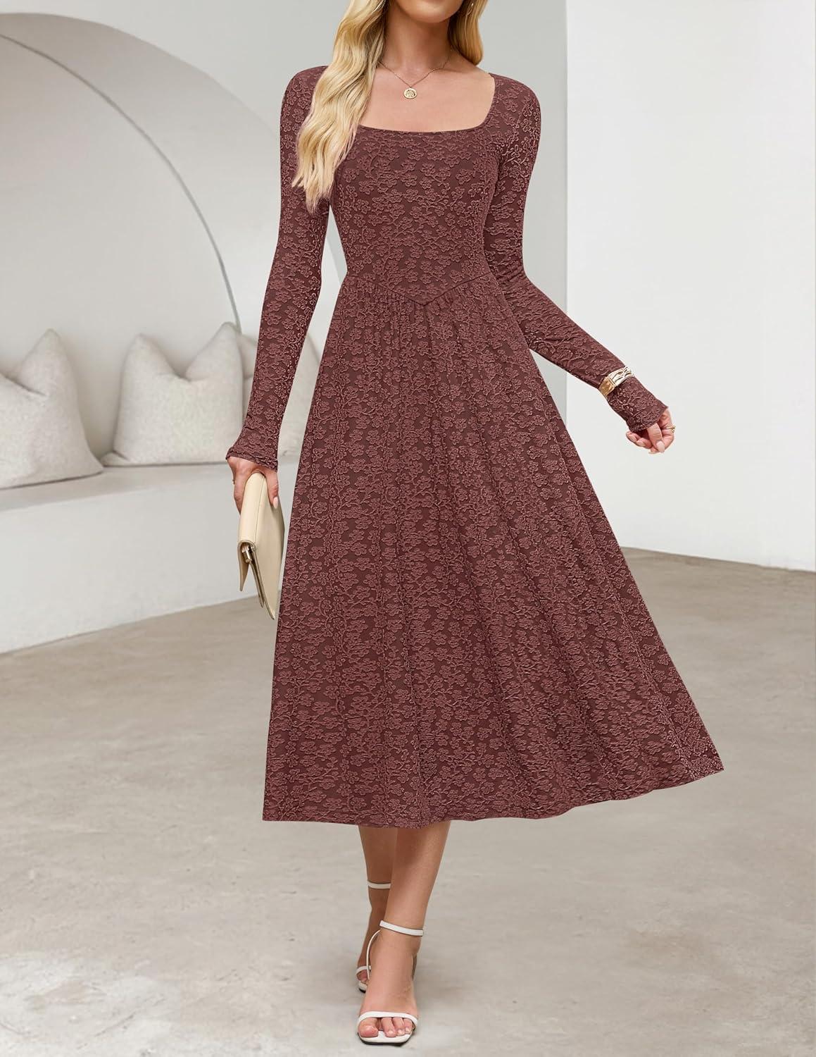 imageMEROKEETY Womens Floral 2025 Fall Midi Dresses Long Sleeve Square Neck Flowy A Line Wedding Ruched Dress PocketsMaroon