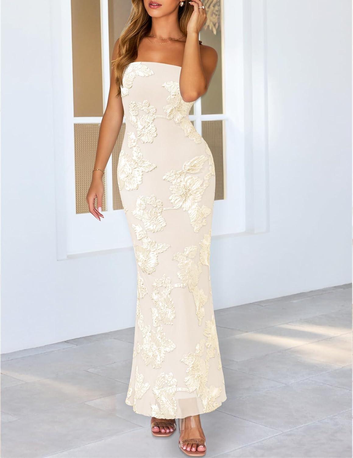 imageMEROKEETY Womens Floral Strapless Maxi Dress 2026 Summer Mesh Tube Bodycon Formal Wedding Guest Cocktail Party Long DressesApricot