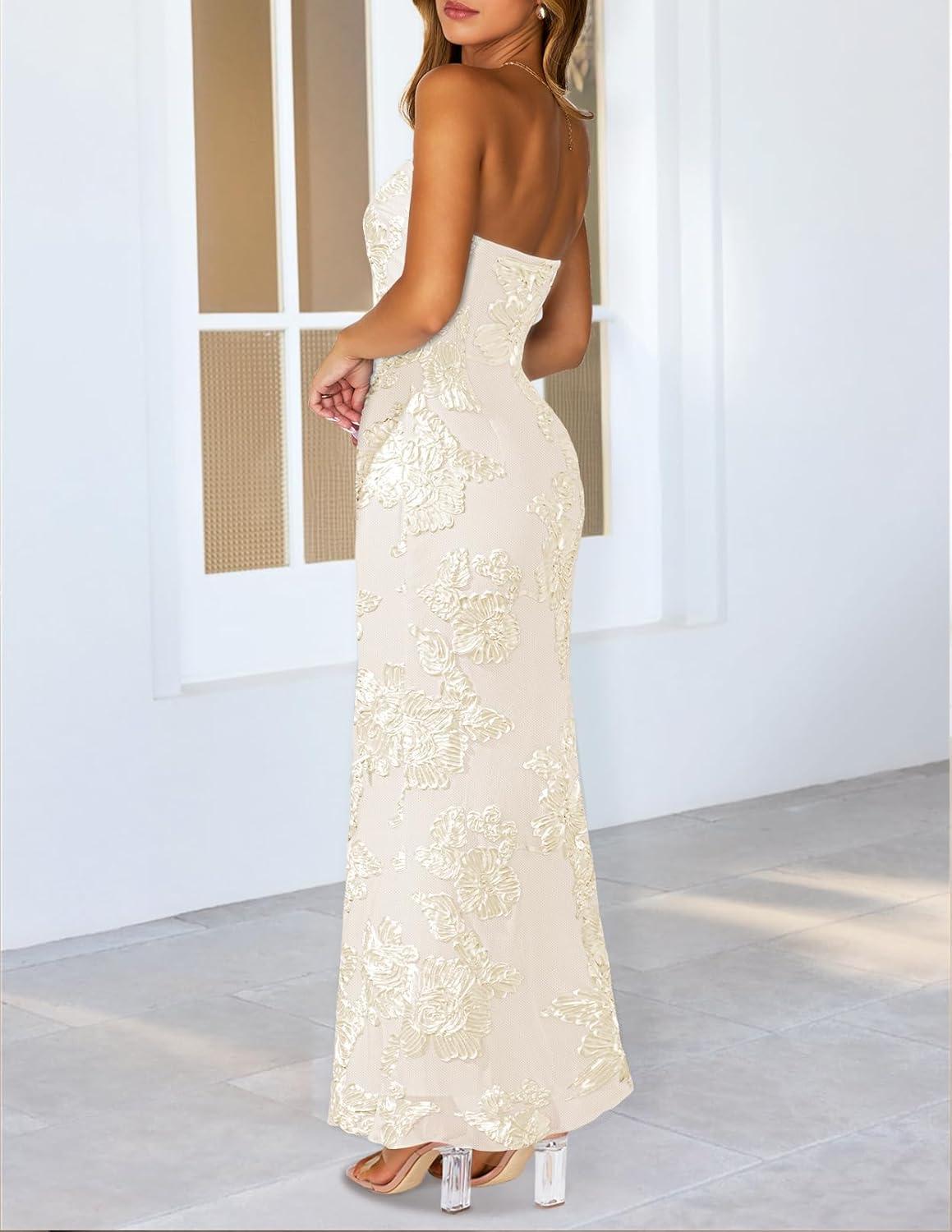 imageMEROKEETY Womens Floral Strapless Maxi Dress 2026 Summer Mesh Tube Bodycon Formal Wedding Guest Cocktail Party Long DressesApricot