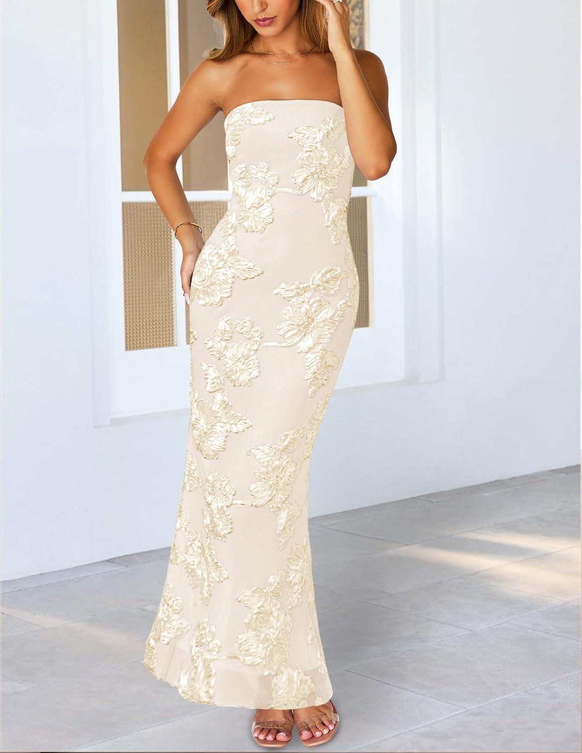 imageMEROKEETY Womens Floral Strapless Maxi Dress 2026 Summer Mesh Tube Bodycon Formal Wedding Guest Cocktail Party Long DressesApricot
