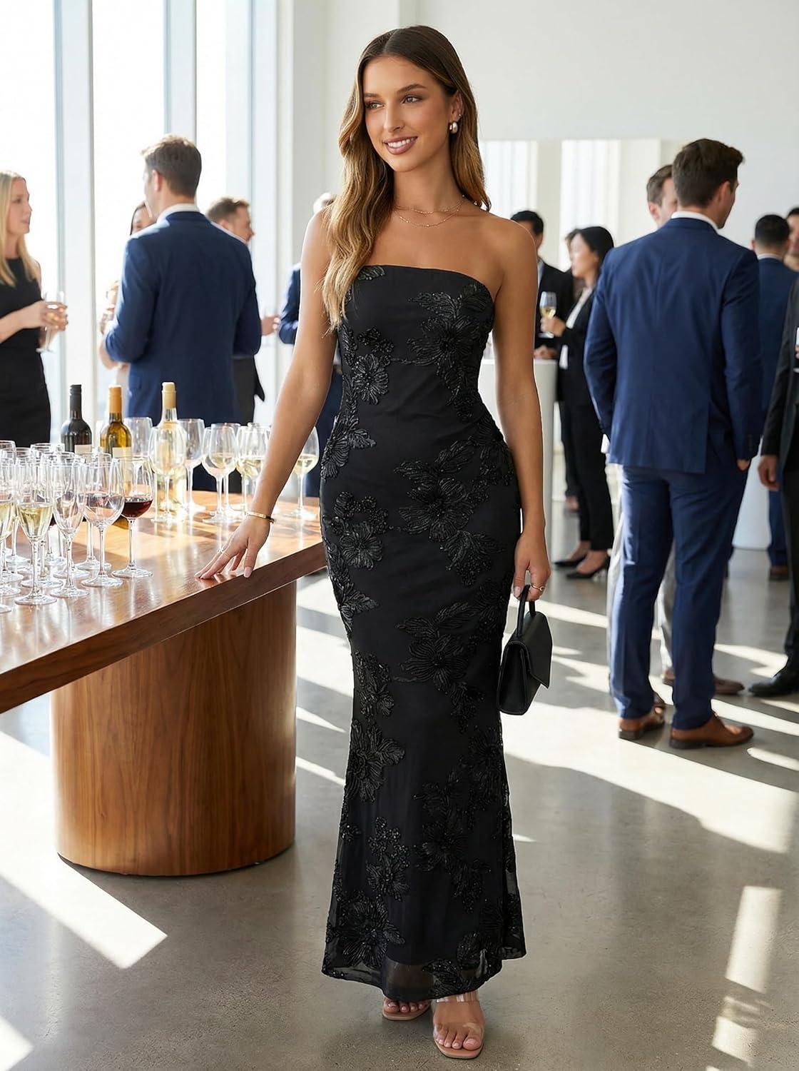 imageMEROKEETY Womens Floral Strapless Maxi Dress 2026 Summer Mesh Tube Bodycon Formal Wedding Guest Cocktail Party Long DressesBlack