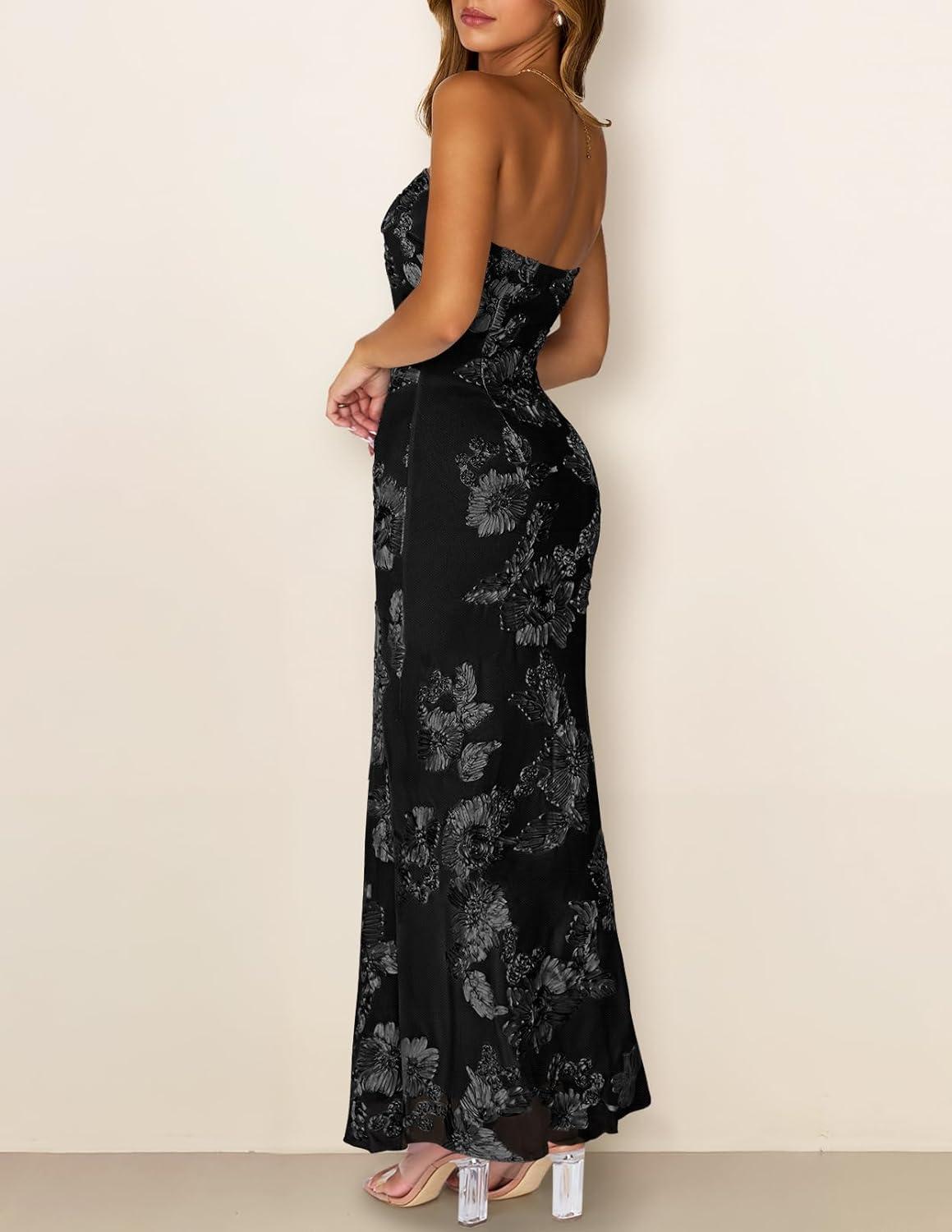imageMEROKEETY Womens Floral Strapless Maxi Dress 2026 Summer Mesh Tube Bodycon Formal Wedding Guest Cocktail Party Long DressesBlack