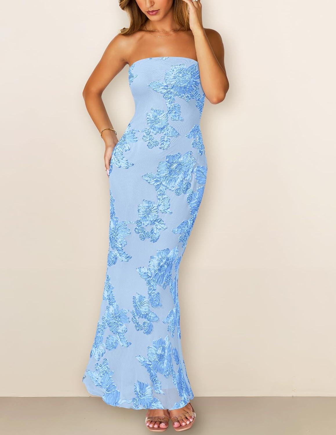 imageMEROKEETY Womens Floral Strapless Maxi Dress 2026 Summer Mesh Tube Bodycon Formal Wedding Guest Cocktail Party Long DressesBlue