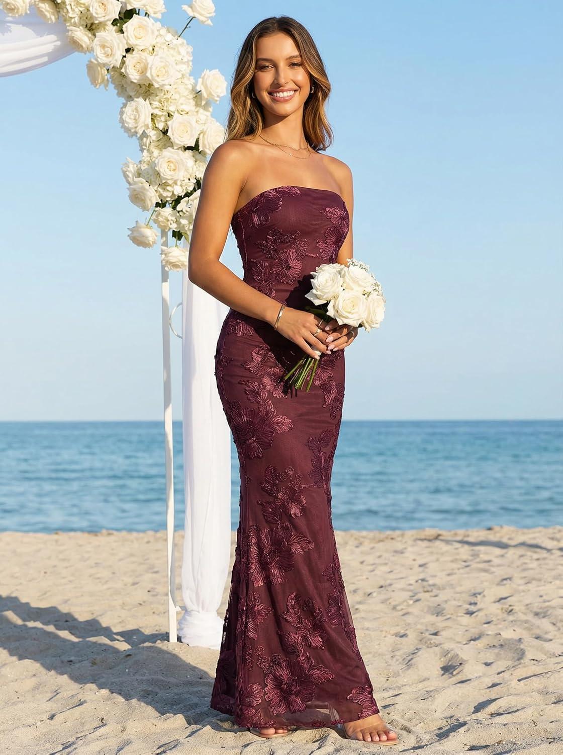 imageMEROKEETY Womens Floral Strapless Maxi Dress 2026 Summer Mesh Tube Bodycon Formal Wedding Guest Cocktail Party Long DressesBurgundy
