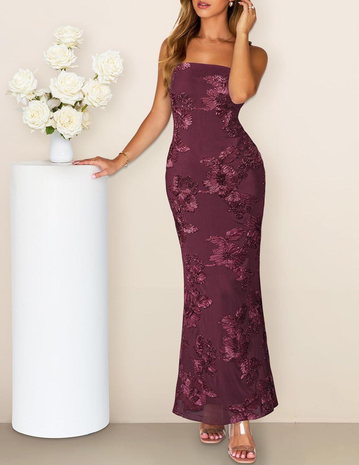 imageMEROKEETY Womens Floral Strapless Maxi Dress 2026 Summer Mesh Tube Bodycon Formal Wedding Guest Cocktail Party Long DressesBurgundy