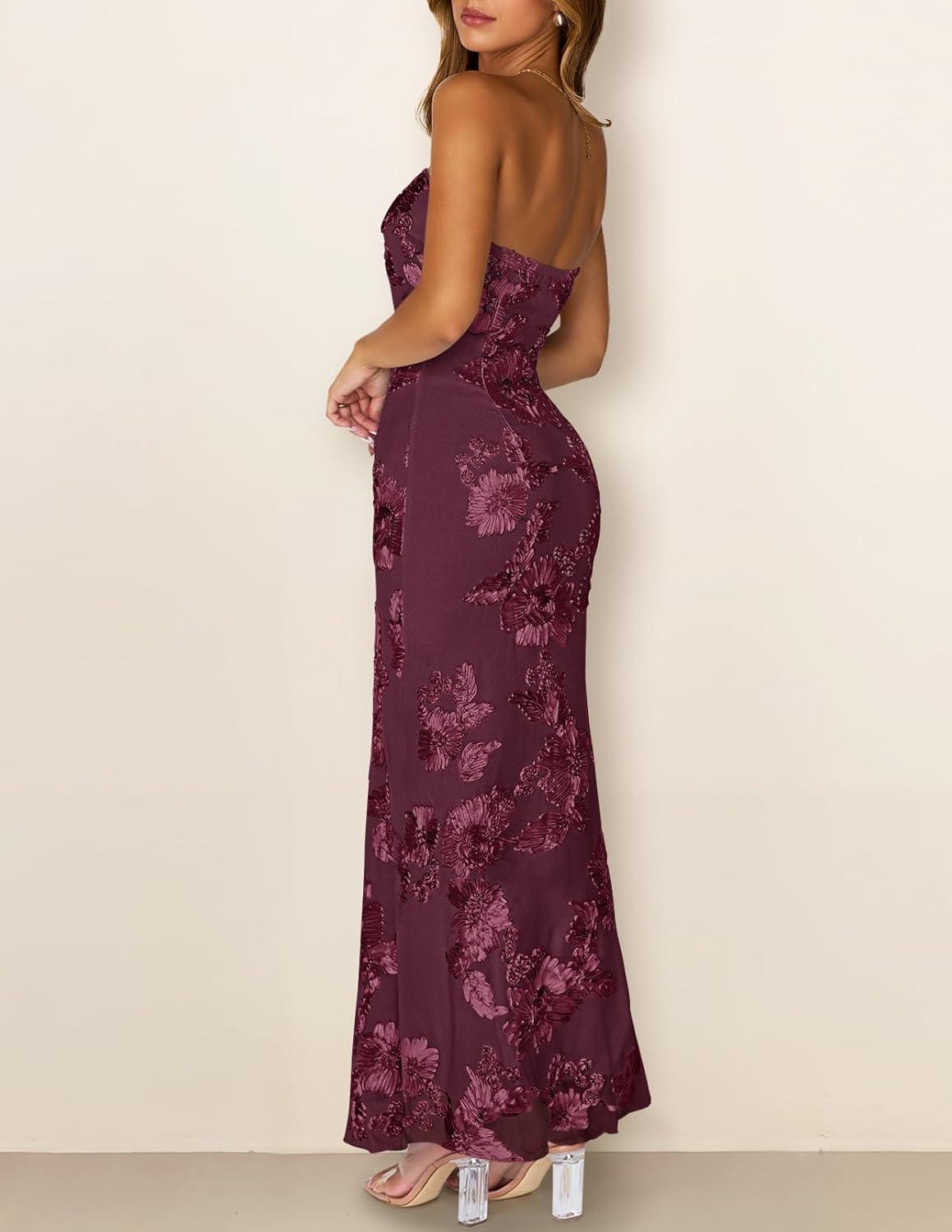 imageMEROKEETY Womens Floral Strapless Maxi Dress 2026 Summer Mesh Tube Bodycon Formal Wedding Guest Cocktail Party Long DressesBurgundy