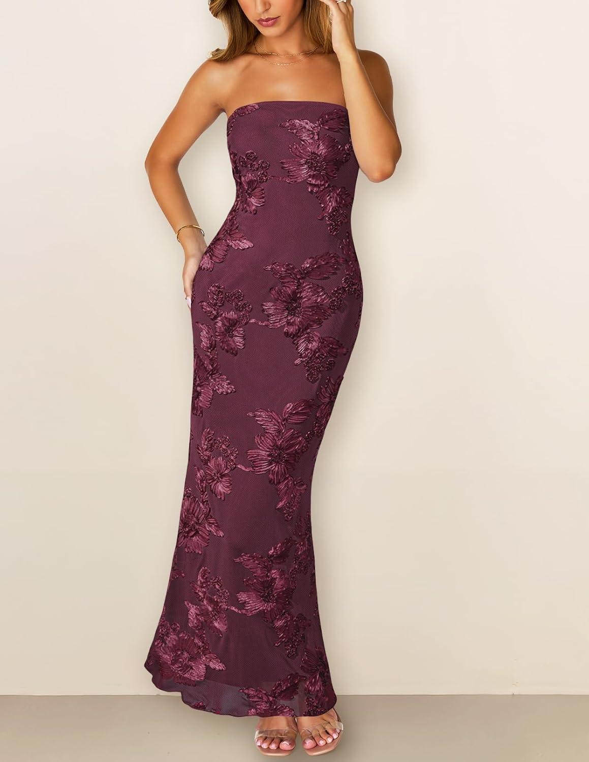 imageMEROKEETY Womens Floral Strapless Maxi Dress 2026 Summer Mesh Tube Bodycon Formal Wedding Guest Cocktail Party Long DressesBurgundy