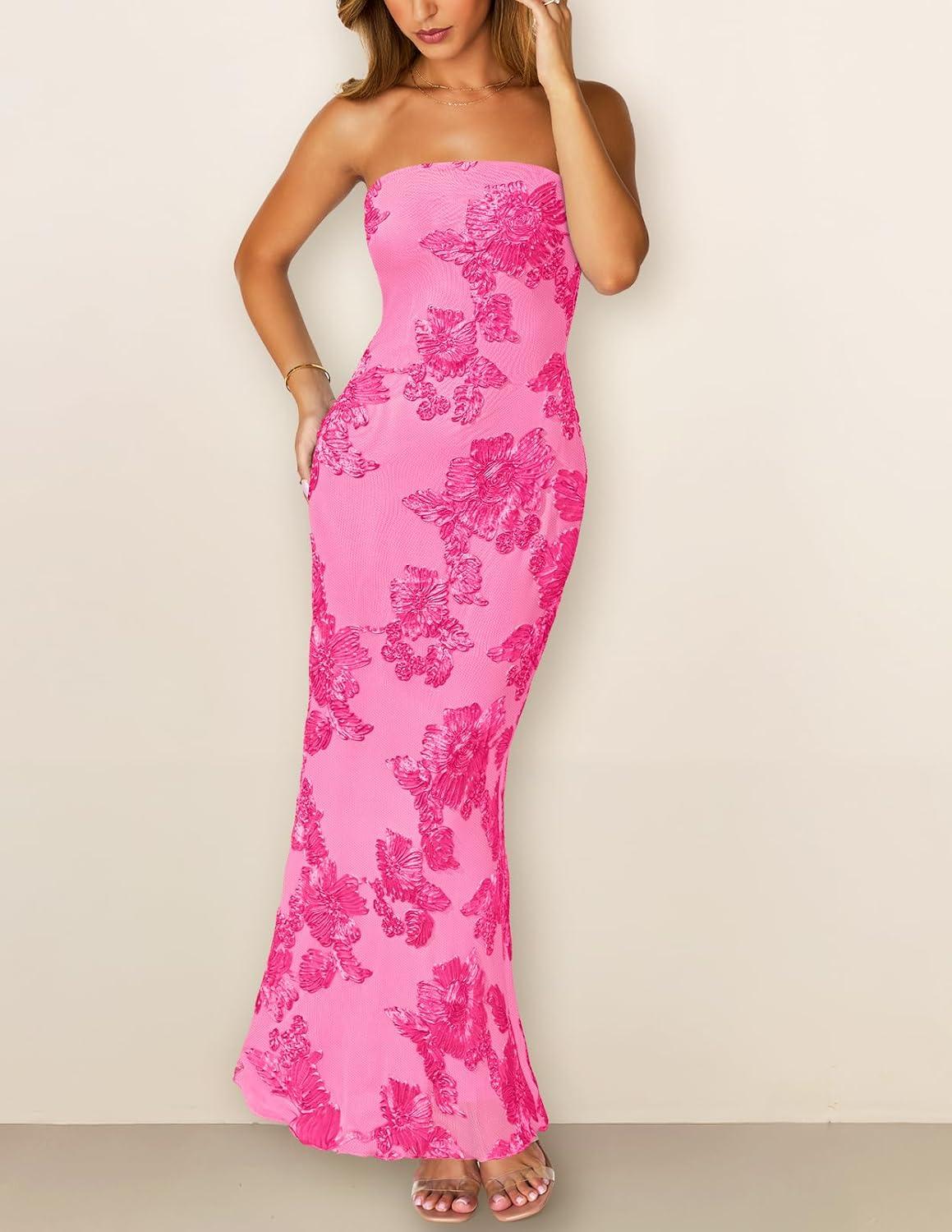 imageMEROKEETY Womens Floral Strapless Maxi Dress 2026 Summer Mesh Tube Bodycon Formal Wedding Guest Cocktail Party Long DressesHotpink
