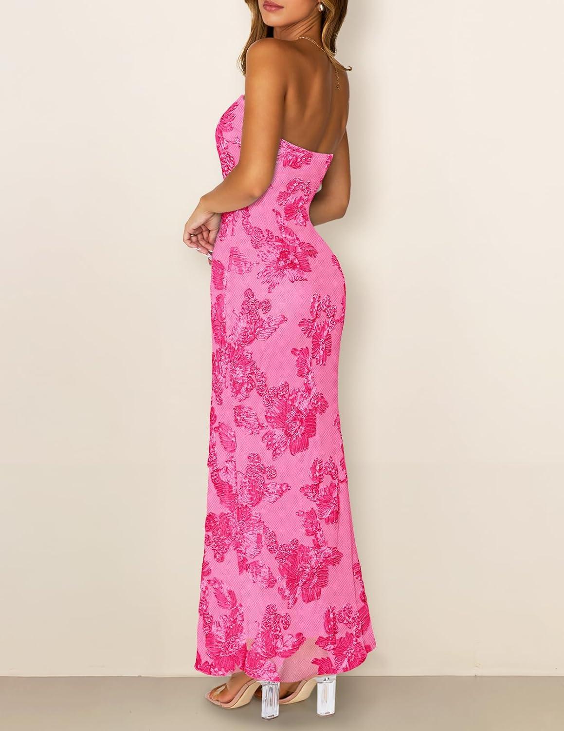 imageMEROKEETY Womens Floral Strapless Maxi Dress 2026 Summer Mesh Tube Bodycon Formal Wedding Guest Cocktail Party Long DressesHotpink