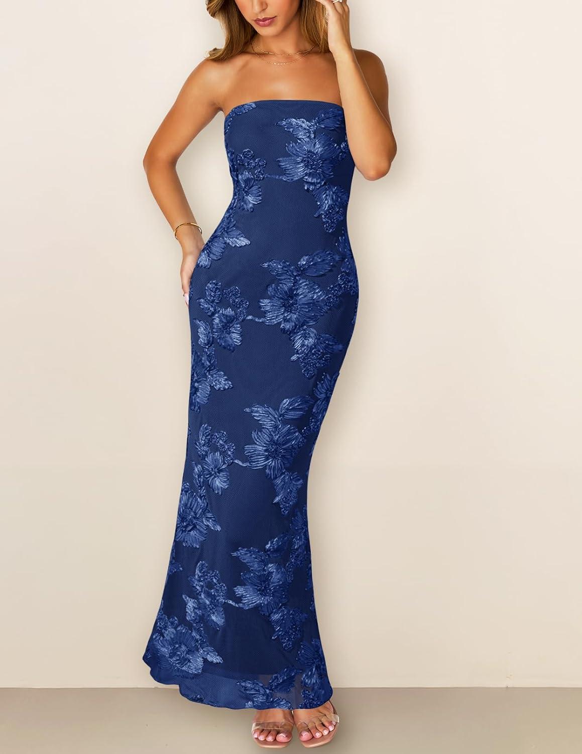 imageMEROKEETY Womens Floral Strapless Maxi Dress 2026 Summer Mesh Tube Bodycon Formal Wedding Guest Cocktail Party Long DressesNavy