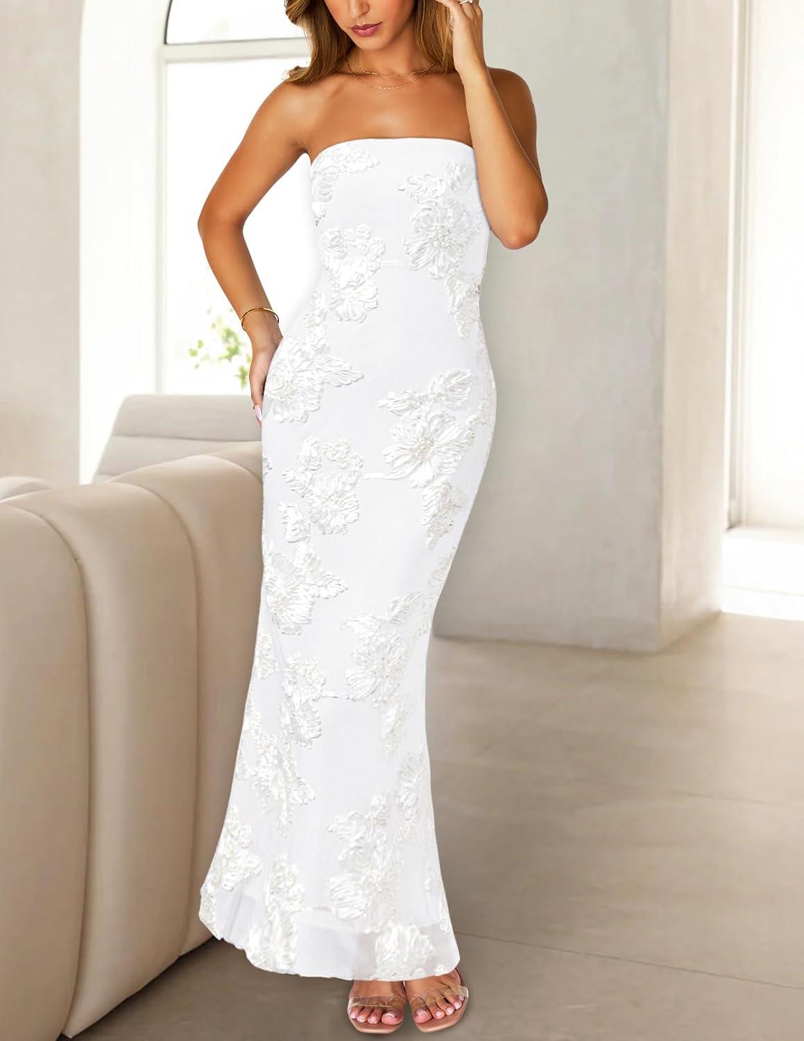 imageMEROKEETY Womens Floral Strapless Maxi Dress 2026 Summer Mesh Tube Bodycon Formal Wedding Guest Cocktail Party Long DressesWhite