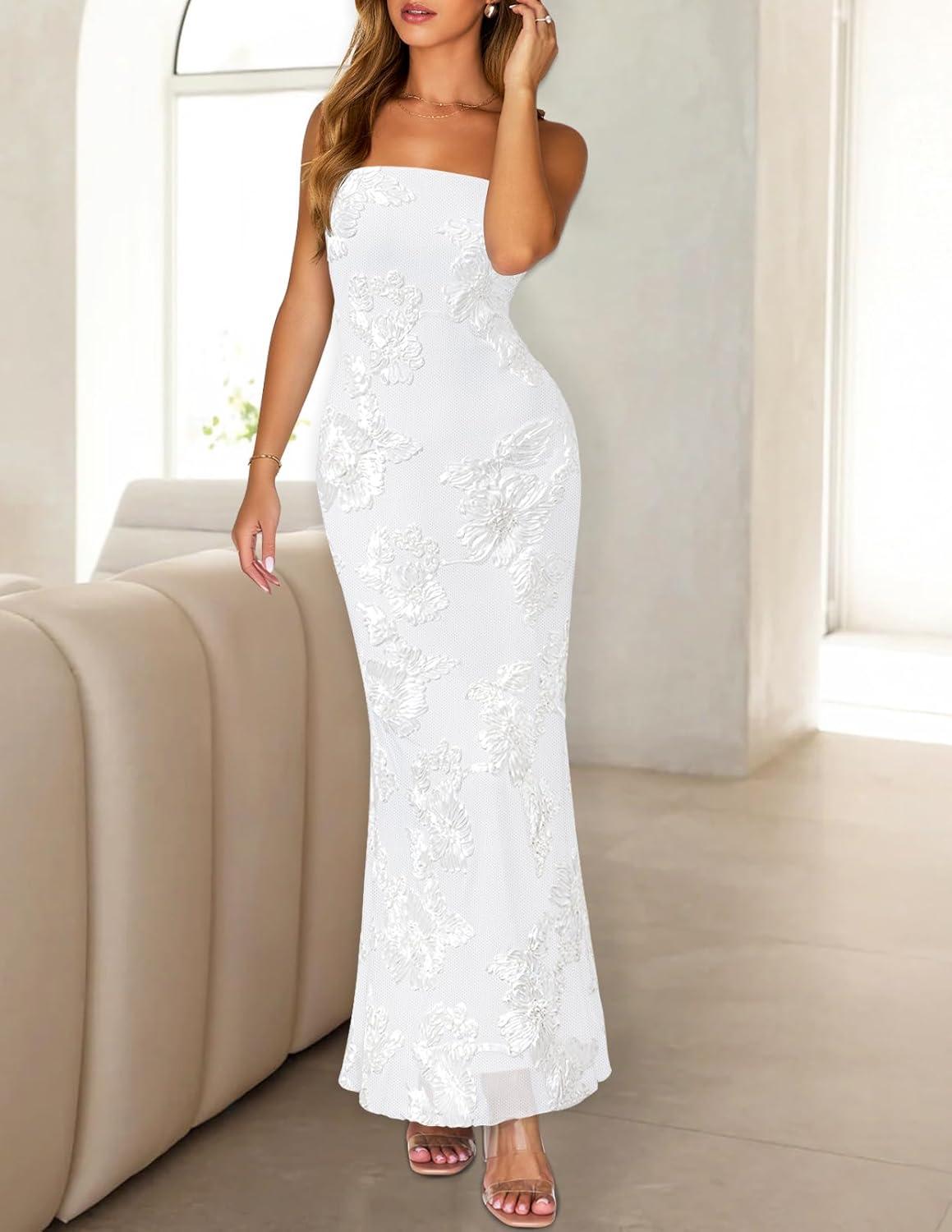 imageMEROKEETY Womens Floral Strapless Maxi Dress 2026 Summer Mesh Tube Bodycon Formal Wedding Guest Cocktail Party Long DressesWhite