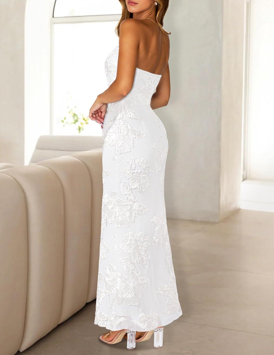 imageMEROKEETY Womens Floral Strapless Maxi Dress 2026 Summer Mesh Tube Bodycon Formal Wedding Guest Cocktail Party Long DressesWhite