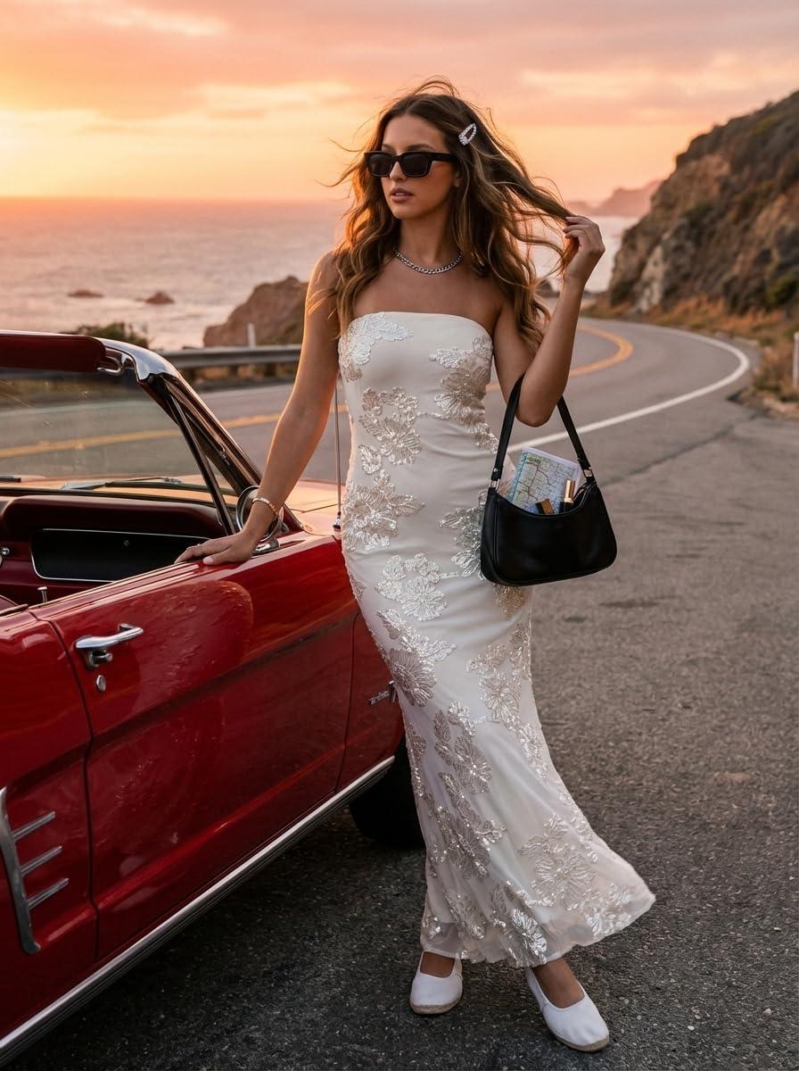 imageMEROKEETY Womens Floral Strapless Maxi Dress 2026 Summer Mesh Tube Bodycon Formal Wedding Guest Cocktail Party Long DressesWhite